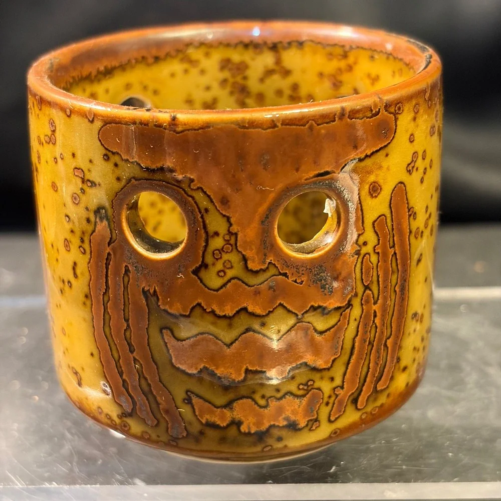 Vintage Ceramic Face Tea Light Candle Holder Speckled Brown Yellow Glaze